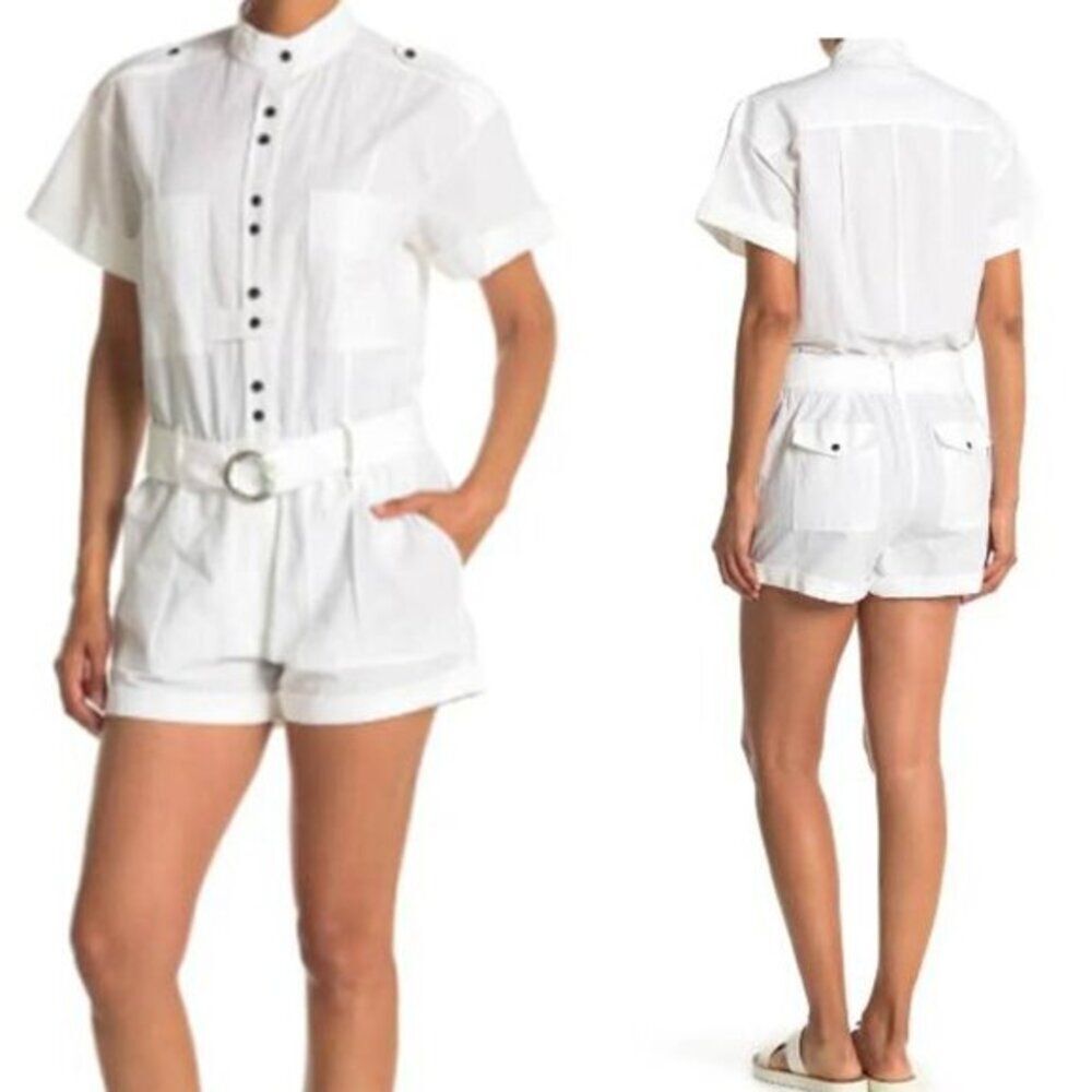 FRAME Women's Utility‎ Short Sleeve Shortall Romper Mandarin Collar Cotton White